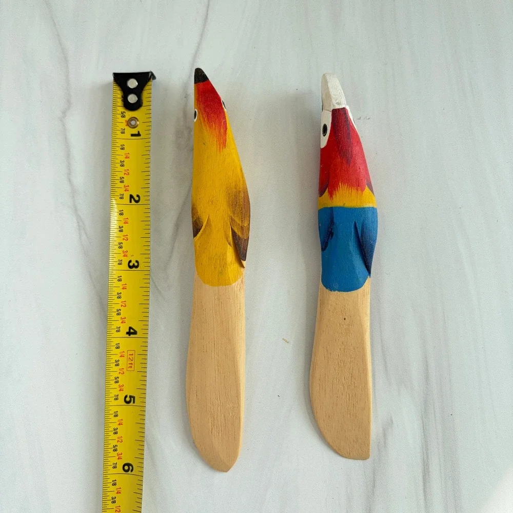 Vintage Hand Painted Wooden Bird Butter Knives Parrot Folk Art Spreaders Set 2